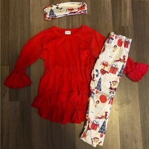 Baby Girl Festive Red Ruffle Dress with Leggings and Headband Christmas Outfit